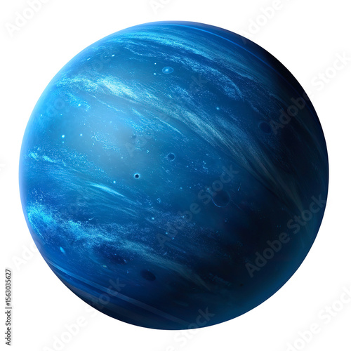 Neptune with deep blue swirling clouds, icy gaseous texture, realistic 3D render, isolated on transparent background