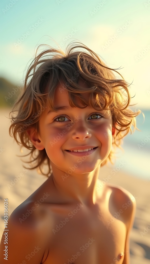 Medium-long messy hairstyle for boys with natural waves, tousled look representing a carefree summer vacation mood with beach-tone background.
Medium-long messy hairstyle for boys with natural waves, tousled look representing a carefree summer vacation mood with beach-tone background.