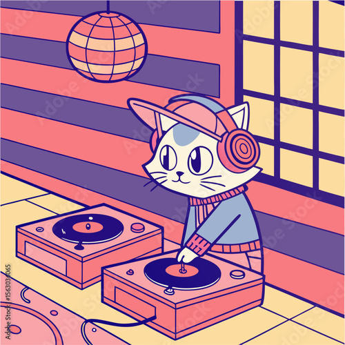 Cartoon DJ Cat with Headphones, Turntables, and Disco Vibes, A playful cartoon vector featuring a cool cat wearing headphones and a hat, DJing behind two turntables beneath a disco ball, set against a