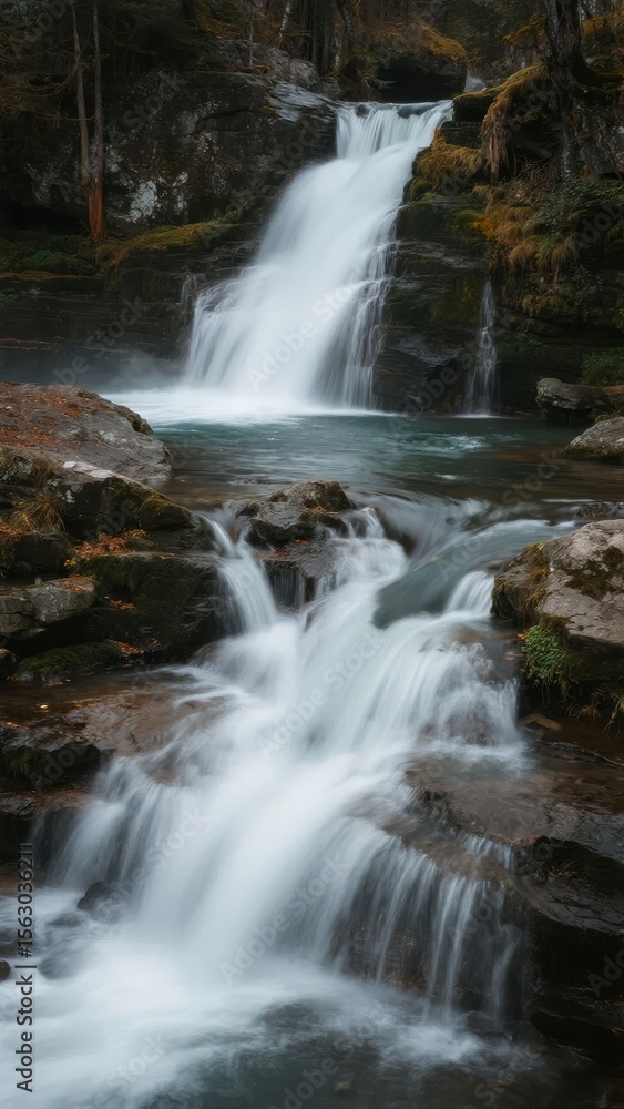 Obraz premium Cascading Waterfall in a Forested Area