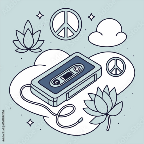 Retro Cassette with Peace Signs and Lotus Flowers in Whimsical Scene, A nostalgic vector illustration featuring a vintage cassette tape surrounded by floating peace symbols, lotus blossoms, fluffy clo