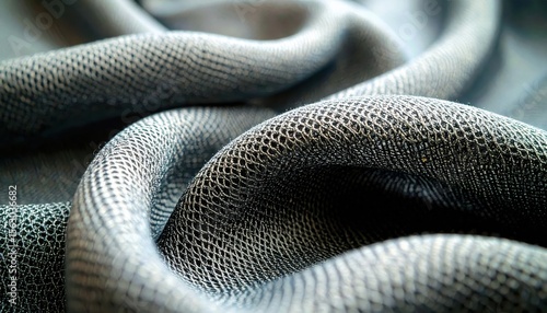Detailed close-up of gray fabric showcasing intricate texture and soft folds, perfect for fashion and design backgrounds.