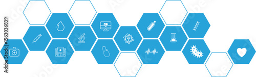 Medical and health icon with blue hexagonal pattern background isolated on transparent background