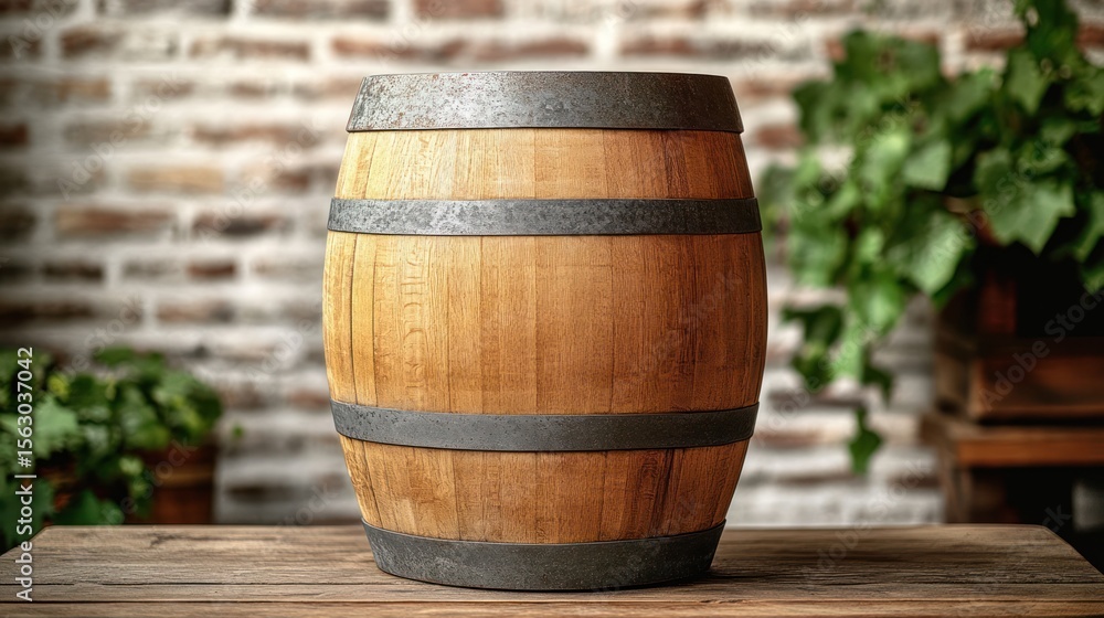 Naklejka premium Wooden barrel on a table, rustic setting