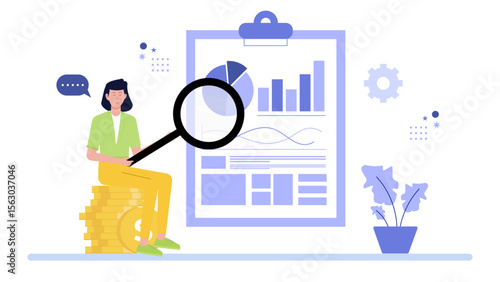 Woman using magnifying glass to examine financial data, suitable for finance, accounting, analysis concepts in business presentations, articles.