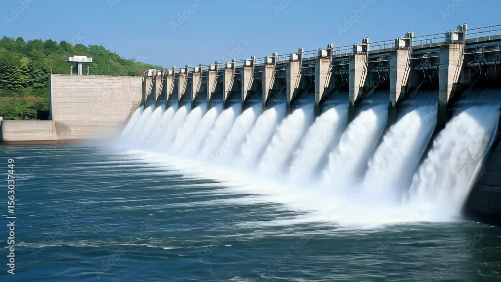 A large dam releases an immense flow of water, showing the power and scale of hydroelectricity and engineering, essential for water management and energy. A large dam releases an immense flow of water, showing the power and scale of hydroelectricity and engineering, essential for water management and energy.