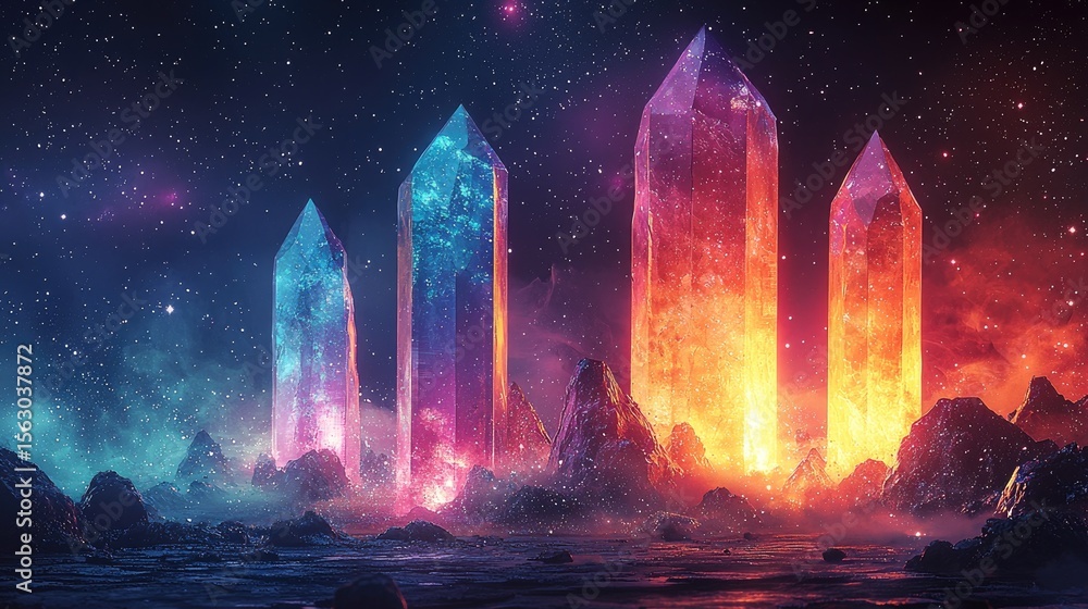 Obraz premium Illuminated crystals stand tall against a starry night sky.