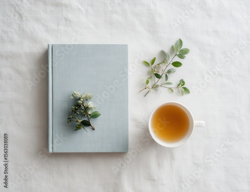 Flatlay of a light blue book with sprigs of greenery, a cup of tea, and white linen background