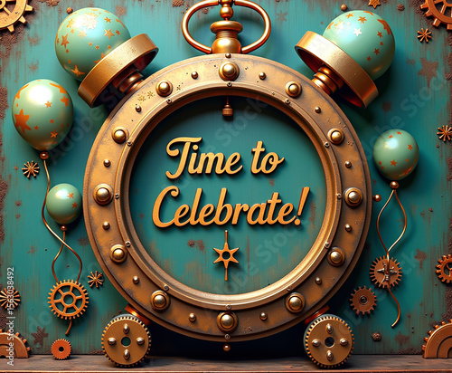 Wallpaper Mural Steampunk clock with golden gears and ornate message urging celebration. Torontodigital.ca