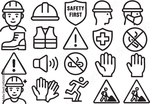 Collection of line icons related to safety regulations at a construction site, ideal for websites, apps, and presentations needing a professional and informative visual style.