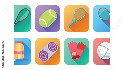 Illustration showing tennis rackets, balls, towel, gloves, volleyball and sports supplements on square backgrounds
