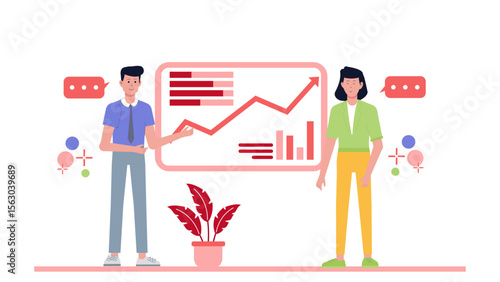 Two people demonstrate success with positive graph, ideal for business presentations, reports, financial blogs, and growth focused designs.