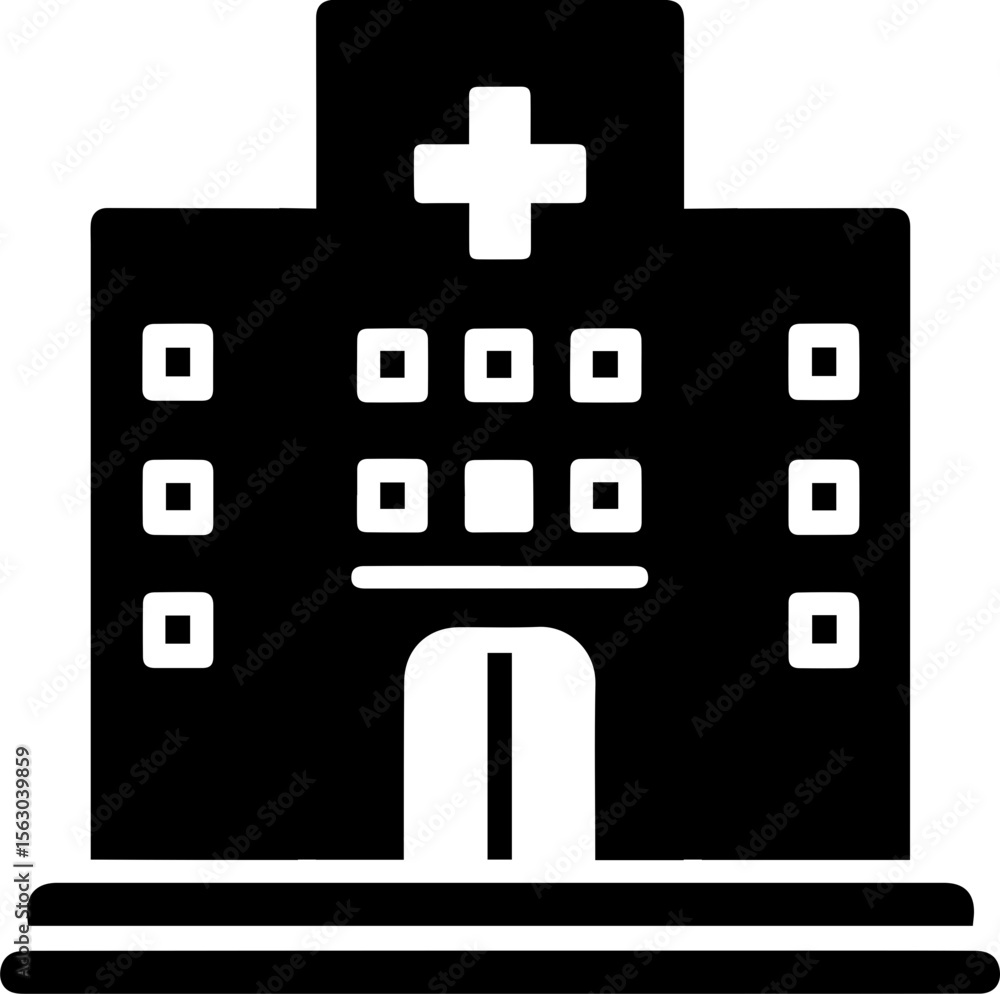 Obraz premium Hospital Building Icon with Medical Cross Symbol