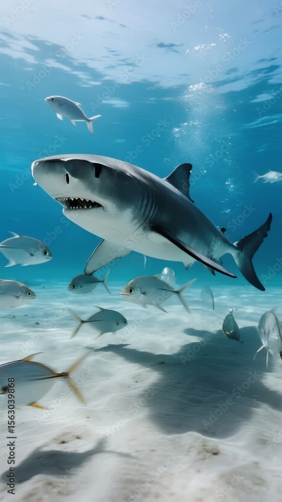 Obraz premium A great white shark swims gracefully over a sandy ocean floor, surrounded by smaller fish.