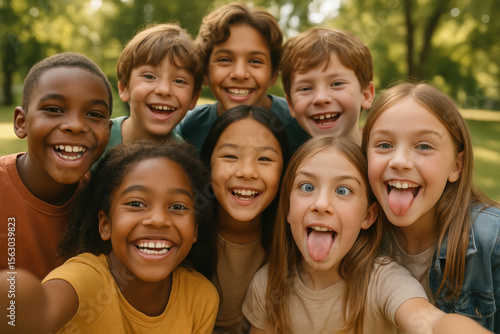 Diverse group of children smiling and laughing outdoors together in a park on a sunny day, showing friendship and happiness