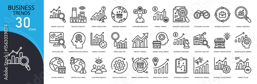 Business trends related icon collections. Containing growth, innovation, strategy, analytics, market, report, data, forecast, digital, and progress icons. Outline icons.