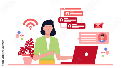 Woman using laptop responding, chatting with messages online. Suitable for technology, communication, remote work, social media, and digital concepts.
