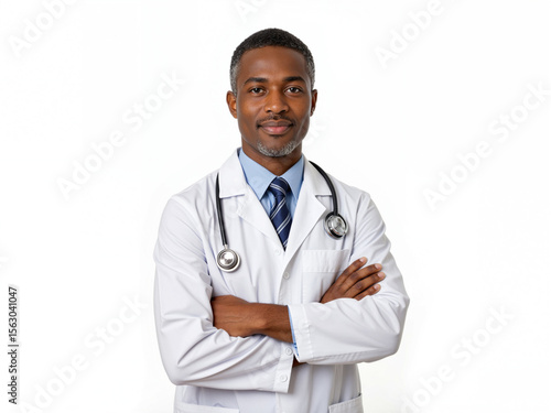 isolated white background Confident black male doctor wearing lab coat and stethoscope  