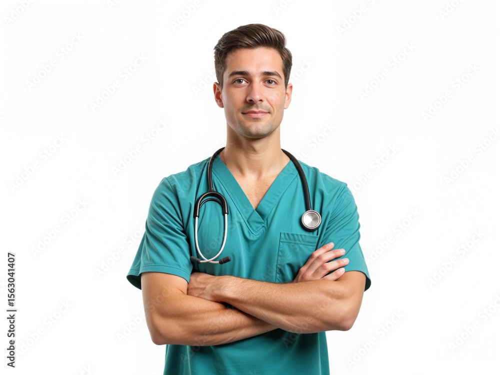 isolated white background Confident young male doctor in scrubs with stethoscope standing isolated white background Confident young male doctor in scrubs with stethoscope standing