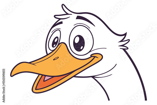 Cheerful cartoon white duck displays its big bright eyes and orange beak