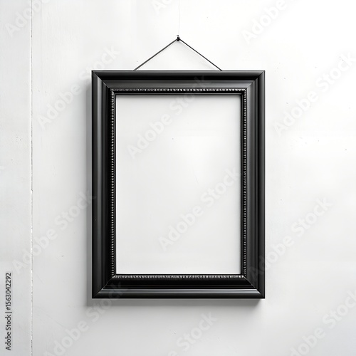Ornate black picture frame hanging on a white textured wall isolated on white background
