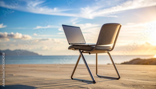 Laptop on a Chair Near the Ocean During Sunset Creates a Serene Workspace for Remote Work