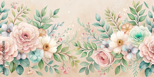 Elegant Pastel Floral Arrangement with Delicate Blooms and Lush Greenery on a Soft Background