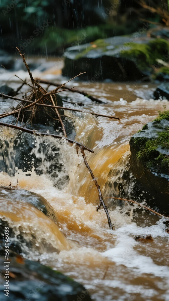 Obraz premium Rushing Stream in Rainy Forest Environment
