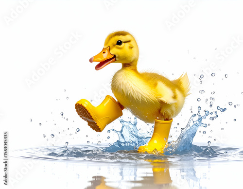 Adorable Duckling in Yellow Rain Boots Splashing in a Puddle