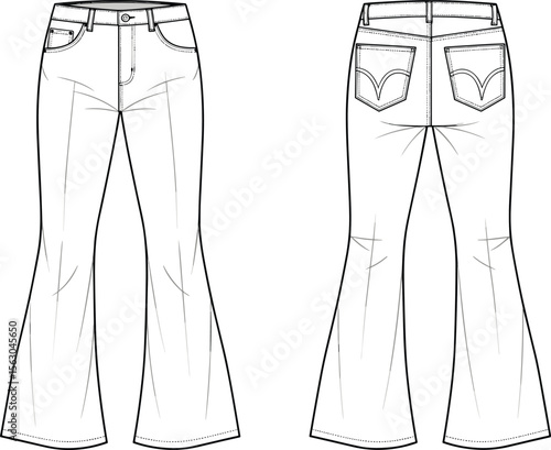 Flared jeans technical sketch, front and back view, denim pants fashion flat, apparel design CAD, vector line drawing illustration