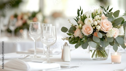 White flowers, candle, empty wine glasses, and folded napkins create an elegant centerpiece on a wedding reception table