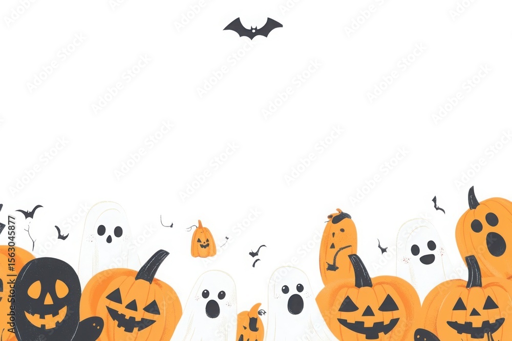 Fototapeta premium Whimsical halloween scene with pumpkins ghosts and bats isolated on white background