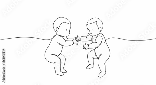 Two cute babies reach out to each other in an animated embrace.