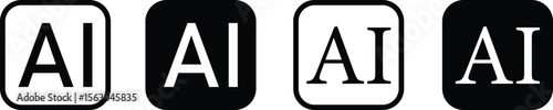 Black and white AI abbreviation icons in bold square frames, representing artificial intelligence technology, machine learning, automation tools, and digital future in minimal style design.