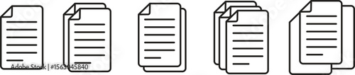 Minimal document file icons showing single to multiple stacked pages in linear progression, perfect for data, storage, paperwork, digital archives, reports, or content management systems.