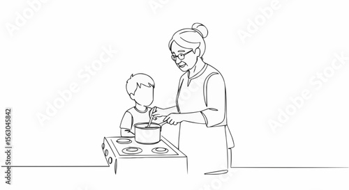 A heartwarming illustration depicting a grandmother and a young child cooking together in the kitchen.