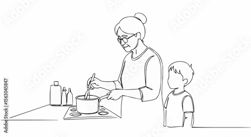 A grandmother and her grandchild, engrossed in cooking.
