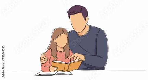 A father helping his daughter to read a book.