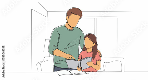 Father and daughter studying a book together in a cozy interior setting.