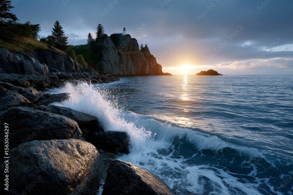 Fototapeta premium Dramatic Sunset Over Crashing Waves Against Jagged Rocky Coastline