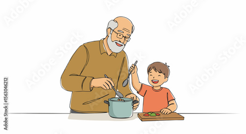 Grandfather and Grandson Cooking Together, happy moment in the kitchen.