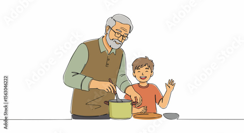 A touching moment of a grandfather and grandson preparing and enjoying food together, sharing a special bond.