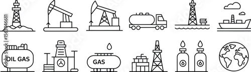 Oil and Gas Industry Icon Set Featuring Oil Rig, Tanker, Refinery, Gas Truck, Pipelines, Drilling Tower, and Global Energy Symbols
