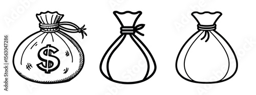 Minimal Black Silhouette Money Bag Icon with Dollar Symbol Vector Style Design