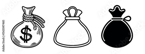 Minimal Black Silhouette Money Bag Icon with Dollar Symbol Vector Style Design