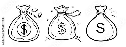 Minimal Black Silhouette Money Bag Icon with Dollar Symbol Vector Style Design
