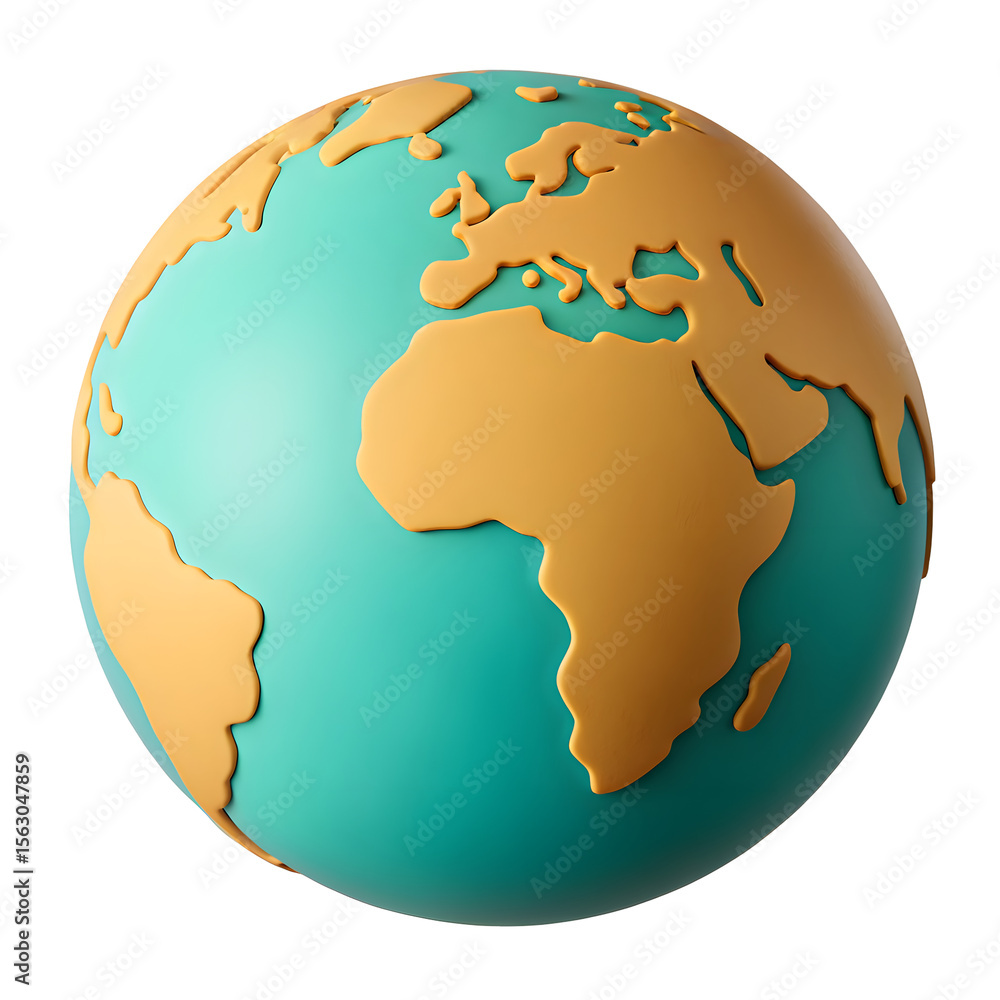 Naklejka premium Stylized 3d globe with orange continents on a turquoise planet isolated on transparent background