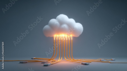 A 3D visualization of cloud computing technology, showing data transfer through glowing fiber optic cables connected to a central server