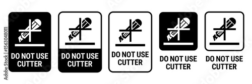 Do no use cutter and use cutter icon set. Hazard signs. Cardboard packaging label icons. Package sign. Do not open with a knife or scissors symbol. Vector Illustration.