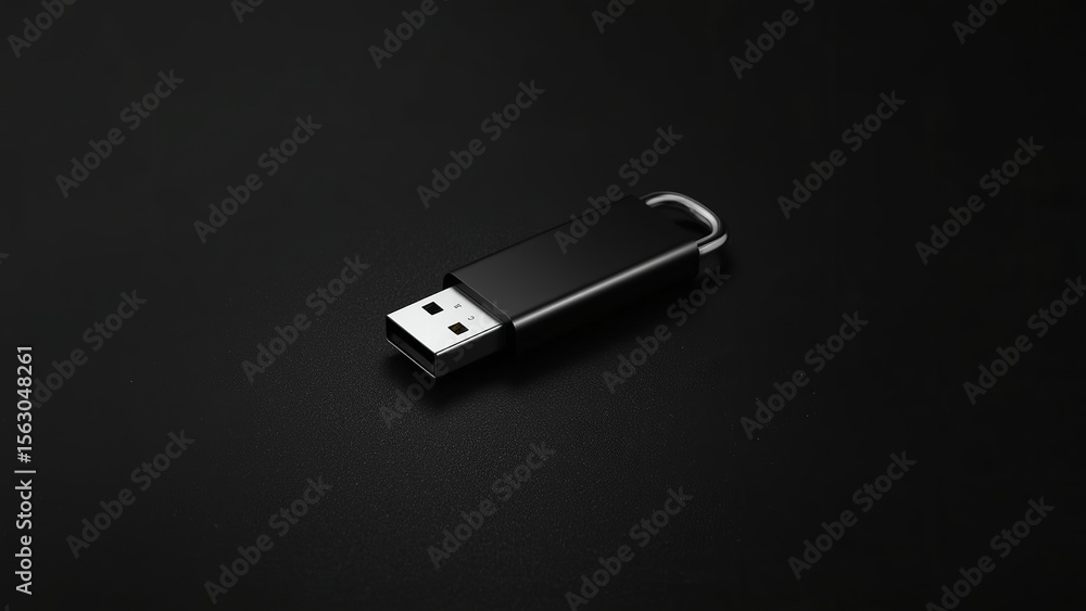 Fototapeta premium A sleek, black USB flash drive resting on a dark surface, emphasizing modern technology and minimalism.
